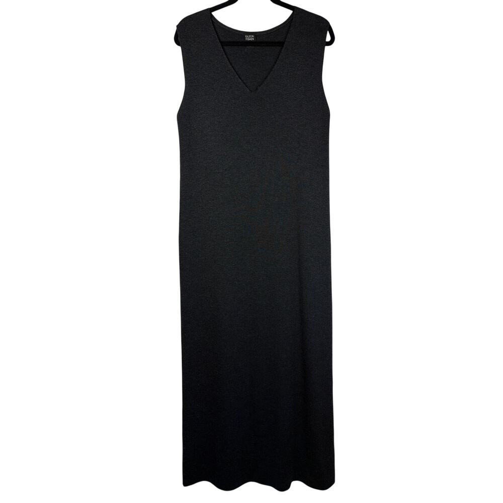 Eileen Fisher 100% Merino Wool Sleeveless V-Neck Knit Charcoal Maxi Dress | Sz M